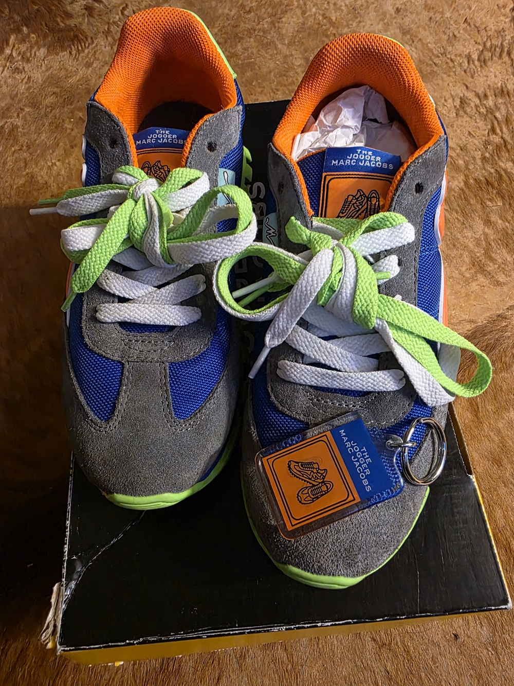 Marc Jacobs Ladies Blue & Gray Runner Sneakers with Orange & Neon Laces